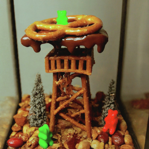 Architectural scale model of a forest fire watch tower, constructed of pretzels, enrobed in chocolate and surrounded by nuts and gummy bears